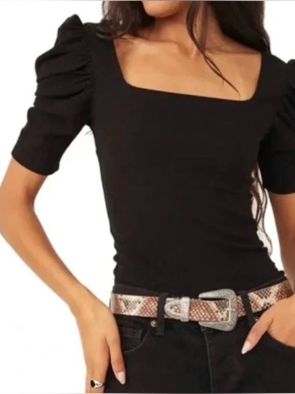 Free People We The Free black Night Lily Boho 
Puff Shoulder Top Blouse large